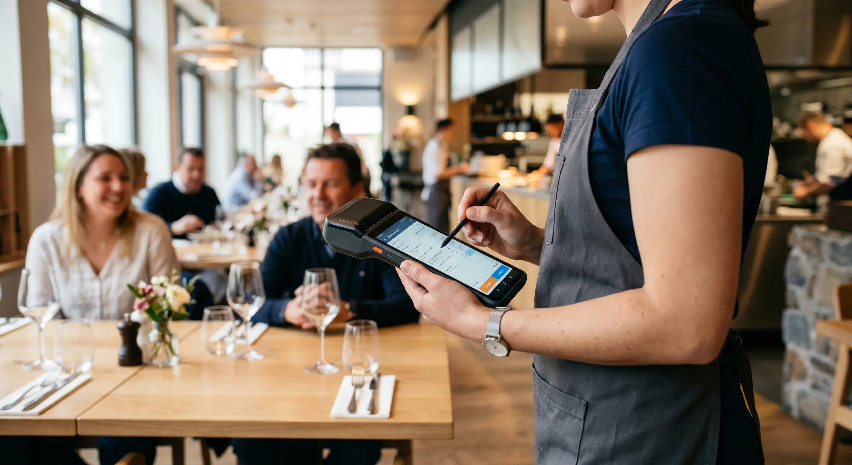 Serveur utilisant un terminal de prise de commande mobile professionnel en salle pour fluidifier le service.