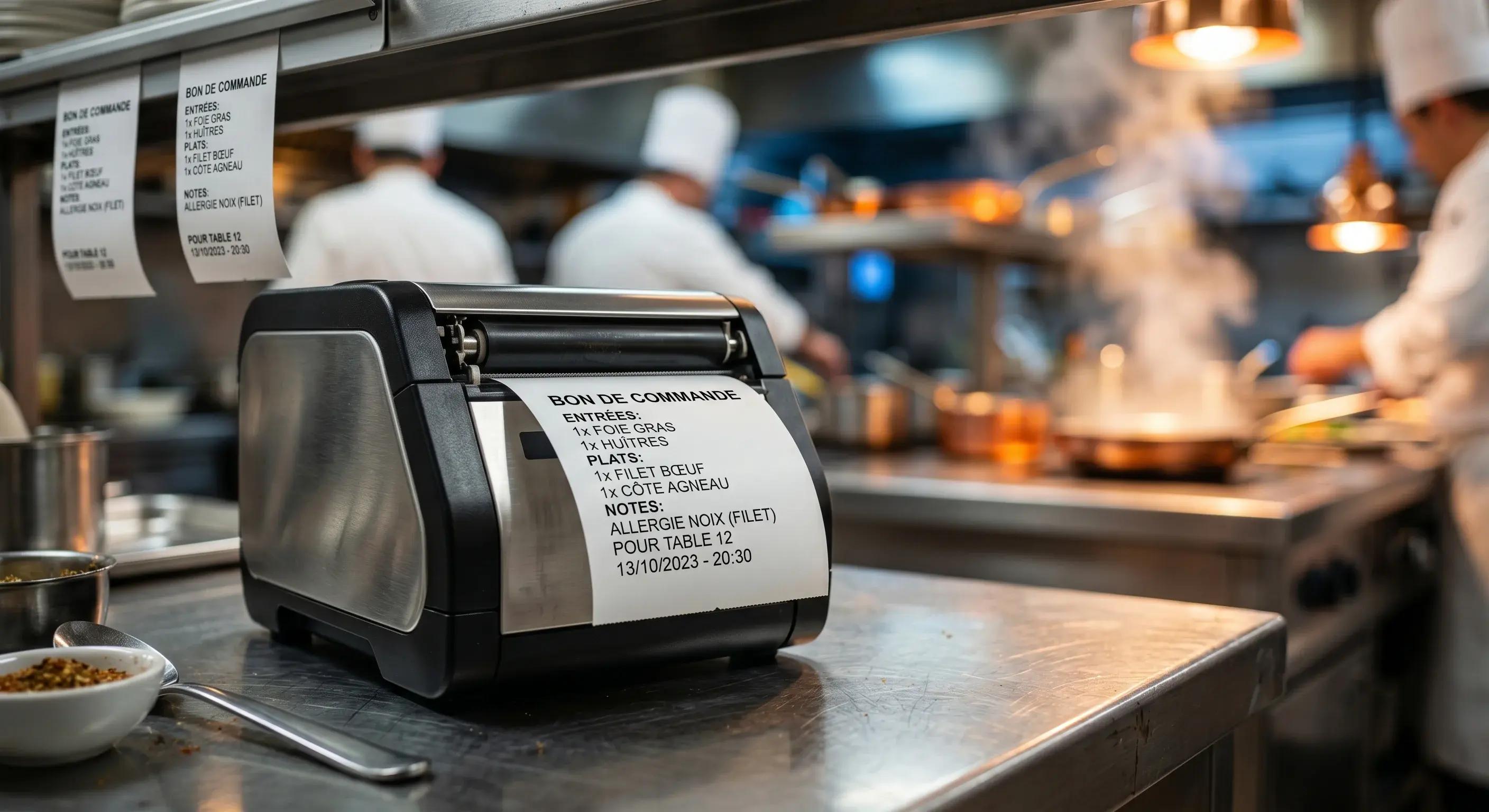 Imprimante cuisine professionnelle en action avec un bon de commande imprimé dans un restaurant.