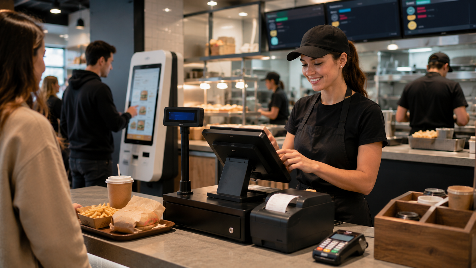 Matériel de caisse, borne et cuisine pour fast-food