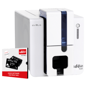 [evoedif – EF1H0000XS-BS002] card printer, 1 side, thermal transfer (ink sublimation), resolution: 12 pts/mm (300 dpi), speed (max.): 390 cards/hour, USB, Ethernet, included: cable (USB, 1.8 m), power supply, power cord, cleaning kit, editing software, 200 cards, ribbon