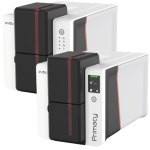 [evopri2 – PM2-0001-E] card printer, 1 side (re-encodable), thermal transfer (ink sublimation, 4 colors, monochrome), resolution: 12 dots/mm (300 dpi), speed (max.): 300 cards/hour, LED, card feed (max. 100 cards), USB, Ethernet, included: cable (USB), power supply, power cord, ID-All, cleaning kit
